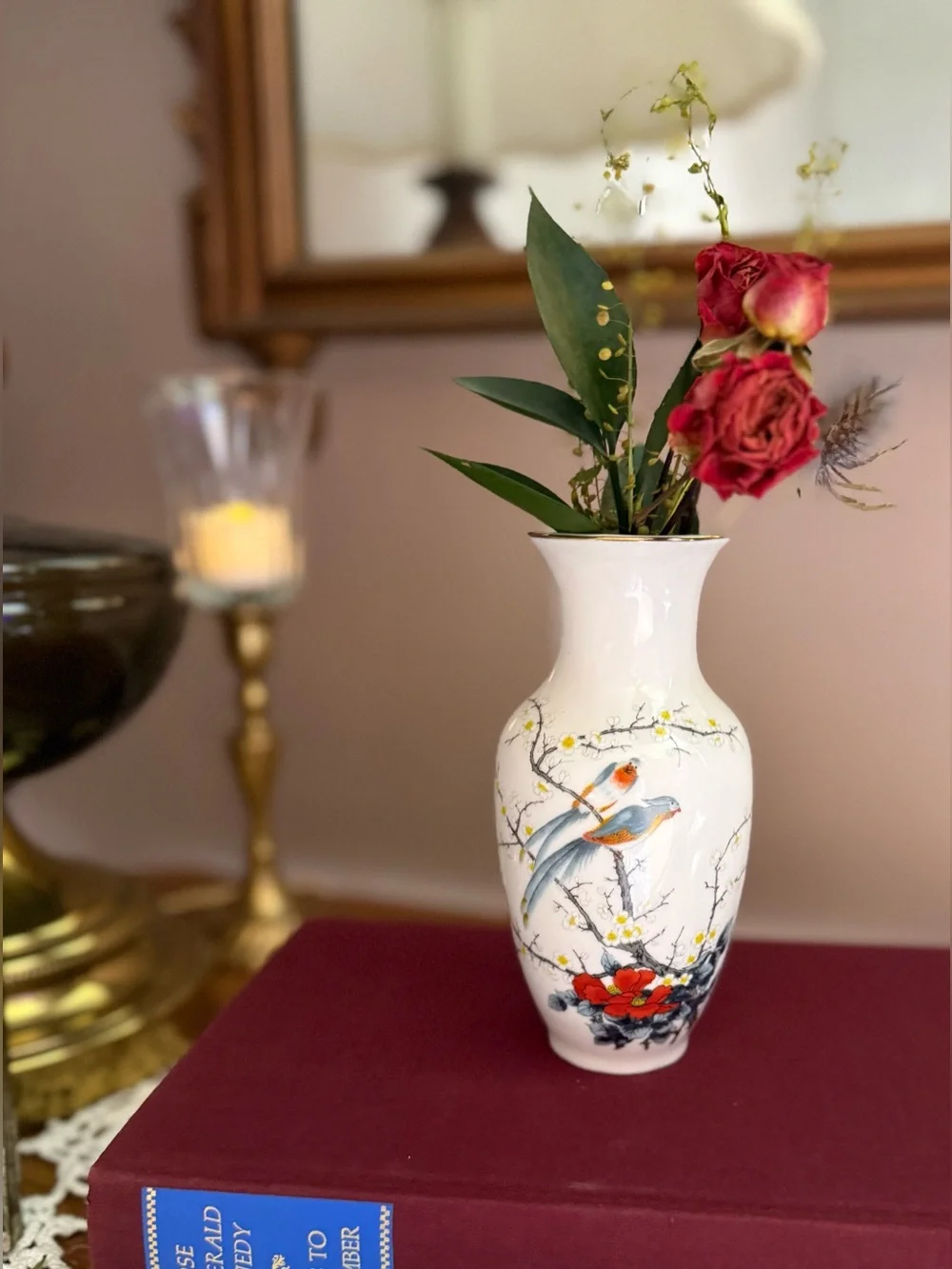 Vintage Jay Fine China Japan Bird Bud Vase with Dried Florals